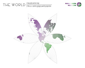 Abstract geometric world map. The U.S.-centric Gingery world projection of the world. Purple Green colored polygons. Stylish vector illustration.