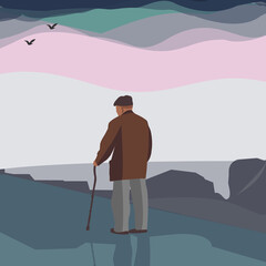 Lonely old man stands in the park. Vector Illustration