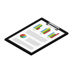 Report, business report with graphs on black clipboard.  Report icon isometric view. Vector