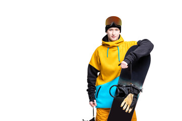 White isolated background with snowboard male snowboarder banner