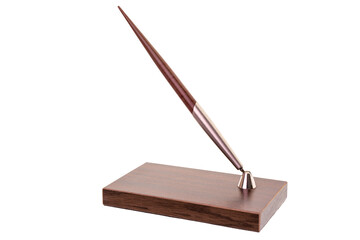 Fountain pen on wooden stand isolated on white. Desk set fountain ink pen