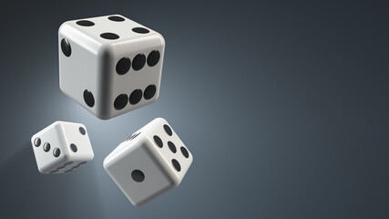 Thrown dice. Dark background. With copy space.