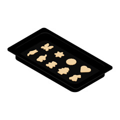 Fresh homemade cookies on baking tray, form. Isometric view. Vector