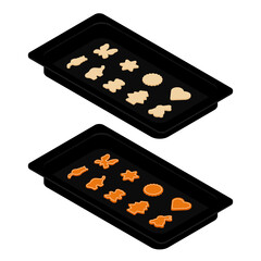 Freshly baked homemade cookies on baking tray, form. Isometric view. Vector