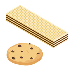 Cookie, biscuit and waffle isometric view isolated on white background