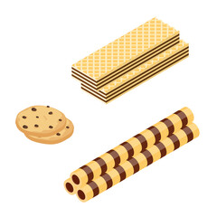 Chocolate or Cocoa cookie, waffle and crispy wafer sticks isometric view isolated on white background