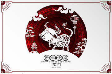 Chinese new year 2021 year of the ox , red paper cut ox character,flower and asian elements with craft style on background.(Chinese translation : Happy chinese new year 2021, year of ox)