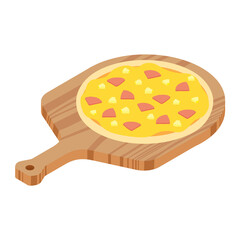 Hawaiian pizza on wooden board for restaurants or pizzerias.