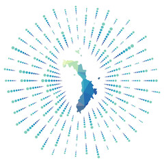 Shape of Lord Howe Island, polygonal sunburst. Map of the island with colorful star rays. Lord Howe Island illustration in digital, technology, internet, network style. Vector illustration.