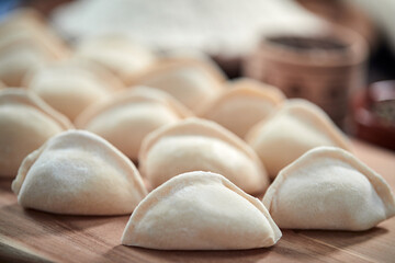 raw dumplings on the wooden board