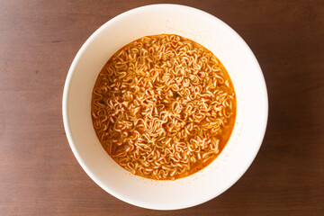 Top view of the instant noodle and flavoring