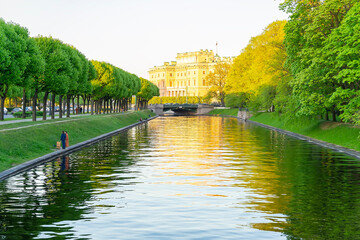 Beautiful landscape. View of the castle. River on the banks of the park. sunny day