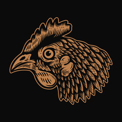 Illustration of head of chicken in engraving style. Design element for logo, label, sign, emblem, poster.