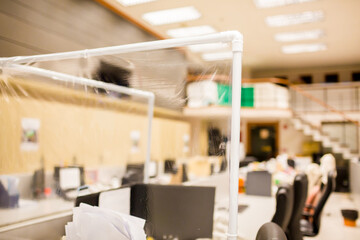 Selective focus to plastic film installed in the office to prevent communicable diseases Coronavirus Covid-19.