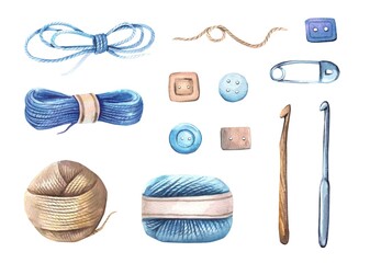 Set, collection with watercolor knitting elements: yarn, knitting needles and crochet hooks in beige and blue color, hand drawn knitting elements isolated on a white background - obrazy, fototapety, plakaty