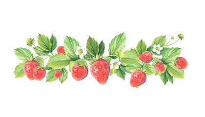 Arched frame of strawberry branches, leaves, berries and flowers. Strawberry frame. 
