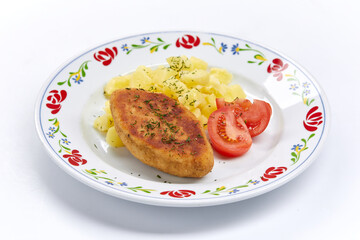 cutlet with mashed potato on white plate