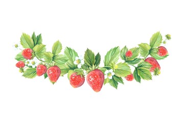 Arched frame of strawberry branches, leaves, berries and flowers. Strawberry frame. 