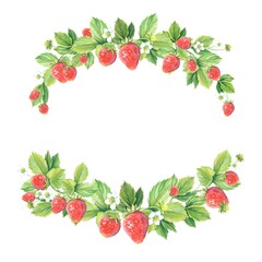 Arched frame of strawberry branches, leaves, berries and flowers. Strawberry frame. 