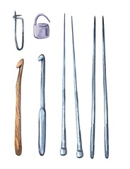 Set, collection with watercolor knitting elements: knitting needles and crochet hooks, hand drawn knitting elements isolated on a white background