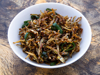 Soy sugar glazed anchovies with green chili which is called Myulchi Bokkeum