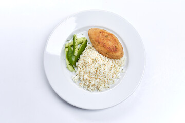 cutlet with rice and cucumber