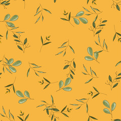 Botanical vector illustration of painted small floral template and outline drawing elements. Rustic vintage green leaves and hand sketched flowers seamless pattern on yellow background.