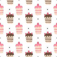 Chocolade and strawberry cake with cherry seamless pattern background, cute hand drawn cupcake vector illustration