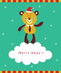 cute teddy bear merry christmas greeting card vector