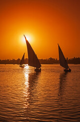 Traditional egyptian felluca sailing boats sailing on Nile at sunset