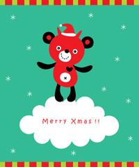 cute teddy bear merry christmas greeting card vector