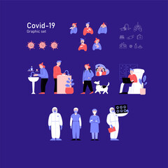 Graphic set of illustrations, icons and elements about Covid-19. Symptoms, prevention, medical professionals.