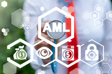 Businesswoman touch stethoscope to AML virtual acronym button. Anti Money Laundering AML Business...