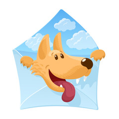 Envelope with a cheerful dog inside. Cute cartoon character. Sky with clouds background. Strong friendship concept. Veterinary concept