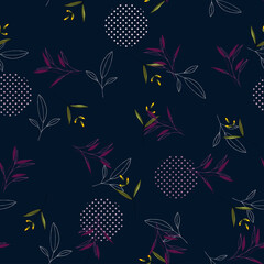 Geometric seamless print polka dots design vector illustration. Modern memphis pattern with hand drawn wild flowers and green leaves © Julia