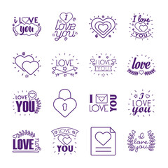 I love you texts line style icon set vector design