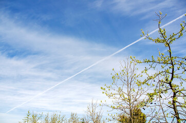 The white trail in the sky by jet airplane