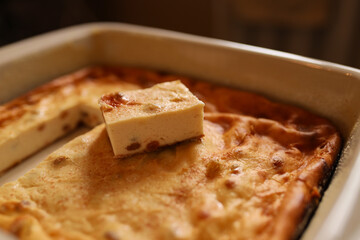 Cottage cheese casserole. Cottage cheese casserole in a ceramic shape.