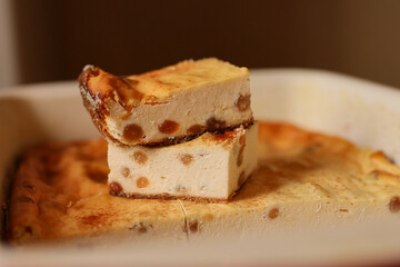 Cottage cheese casserole. Cottage cheese casserole in a ceramic shape.