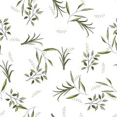 Obraz premium Abstract green leave or foliage on white background. Hand drawn elements brances in natural summer seamless pattern. 