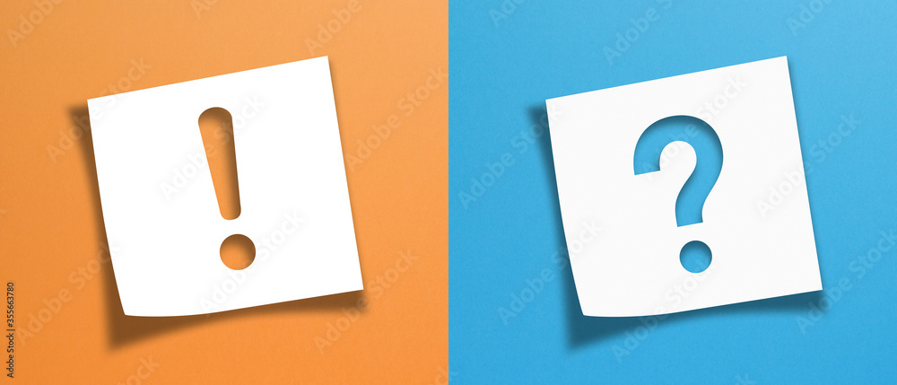 Sticker note paper with exclamation mark and question mark on panoramic background