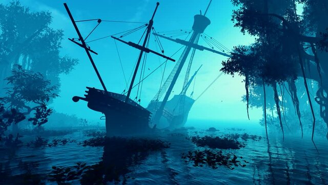 Old ship off the island. Animation on the theme of travel and stories, transport, territories and disasters.