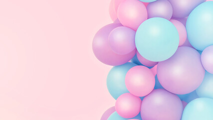 Fototapeta na wymiar Colorful balloons background, punchy pastel colored and soft focus. pink and mint balloons photo wall birthday decoration. Pink background Copy space. Web banner. Wedding party.