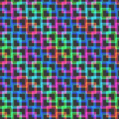 Neon squares on a black background. Seamless pattern, texture. Illustration.