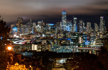 San Francisco California USA - August 17, 2019: San Francisco city skyline panorama at night viewed...
