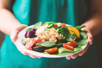 Salad quinoa with vegetables on plate holdingy by hand, Vegan food