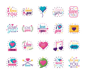 I love you texts flat style icon set vector design