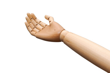 Right hand of wooden dummy mannequin with open palm on white background