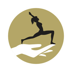 female hand holding miniature woman  practicing yoga