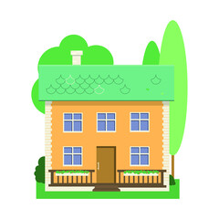 Fototapeta premium Cozy two-story house on a green lawn. Vector flat cartoon illustration.